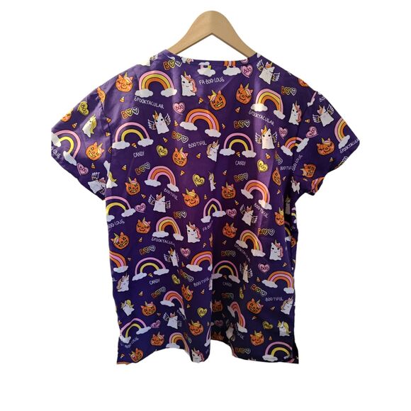 Spooky Halloween Scrub Top V Neck size Large Purple Unicorns Pumpkins Rainbows - Picture 2 of 4